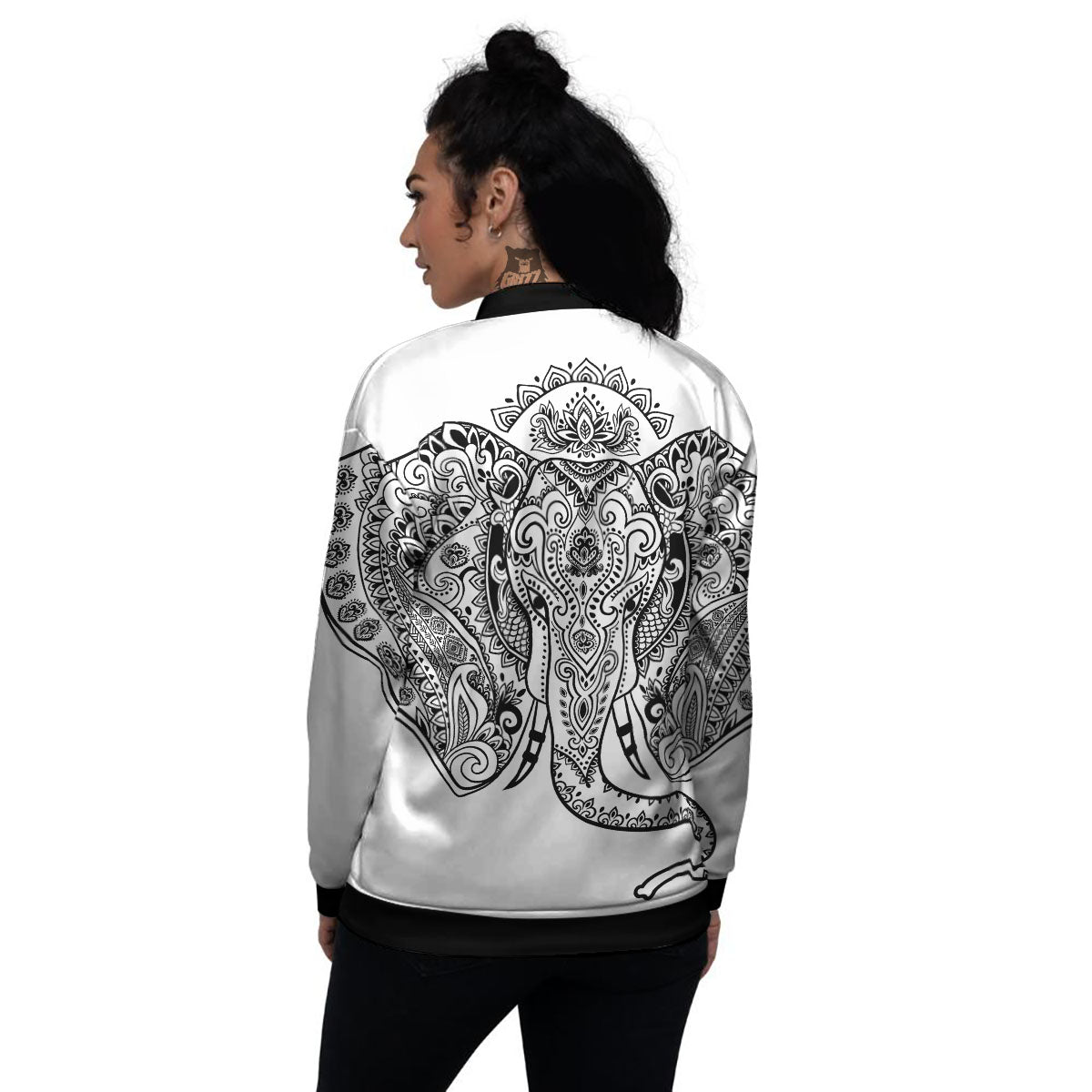 Boho Elephant White And Black Print Women's Bomber Jacket-grizzshop