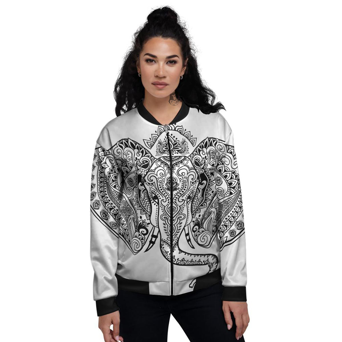 Boho Elephant White And Black Print Women's Bomber Jacket-grizzshop
