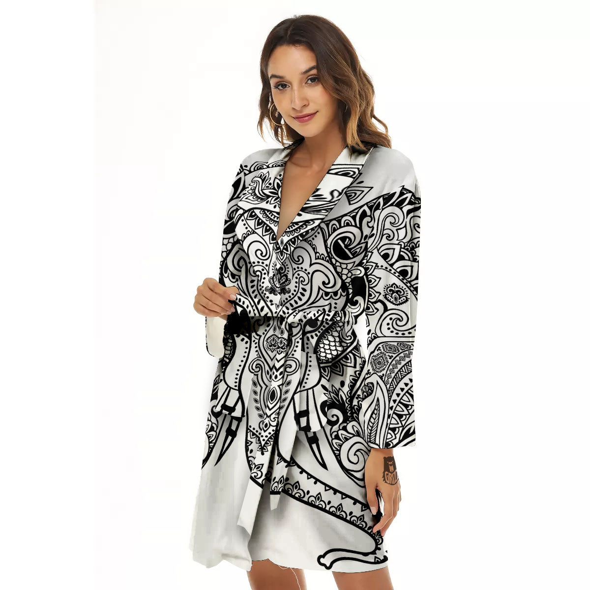 Boho Elephant White And Black Print Women's Robe-grizzshop