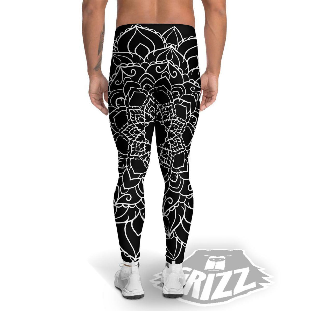 Boho Mandala White And Black Print Men's Leggings-grizzshop