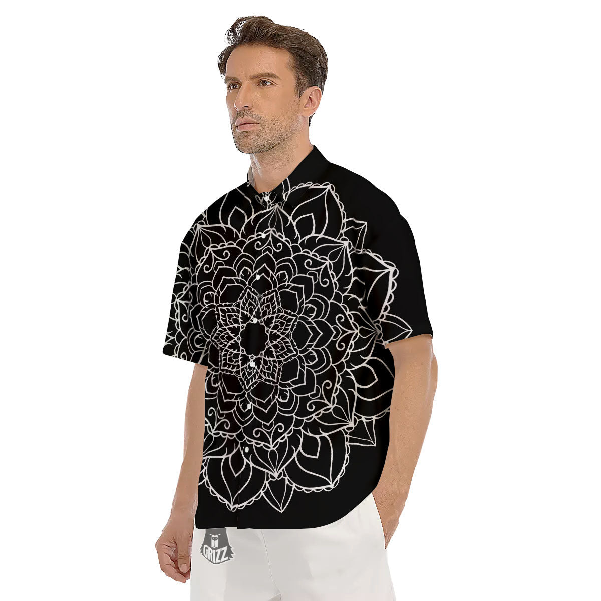 Boho Mandala White And Black Print Men's Short Sleeve Shirts-grizzshop