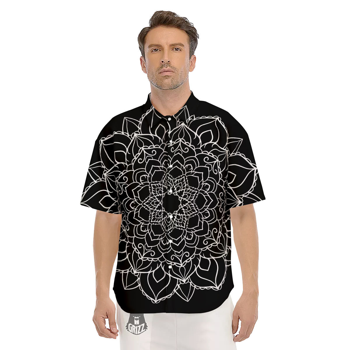 Boho Mandala White And Black Print Men's Short Sleeve Shirts-grizzshop