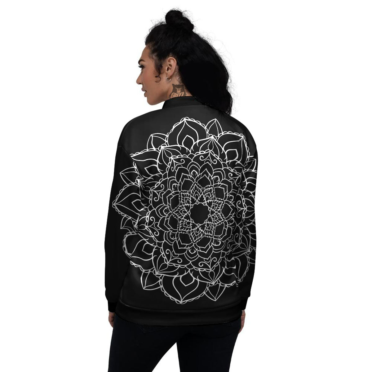 Boho Mandala White And Black Print Women's Bomber Jacket-grizzshop