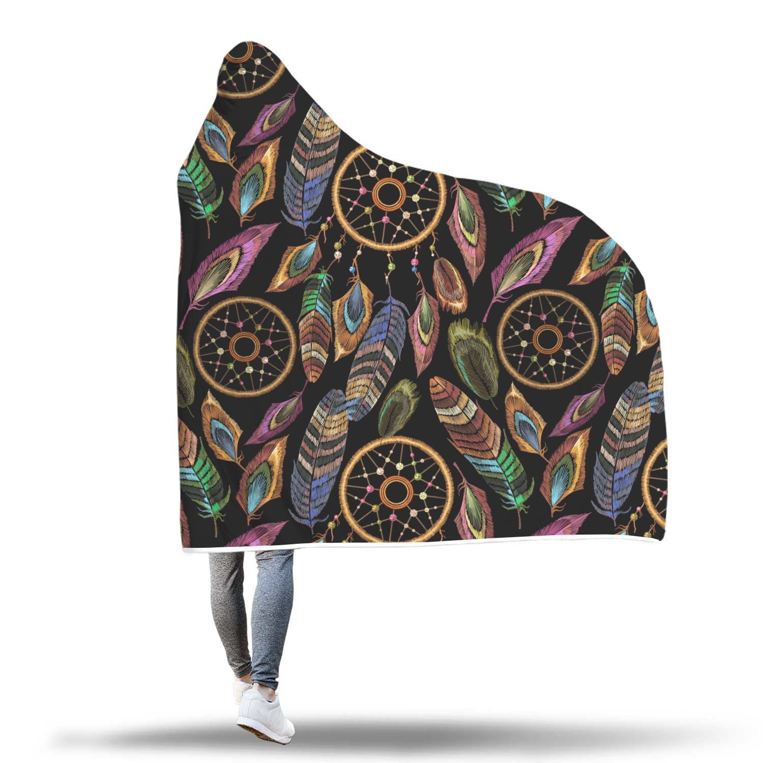 Boho Peacock Dream Catcher Feather Pattern Print Hooded Blanket-grizzshop