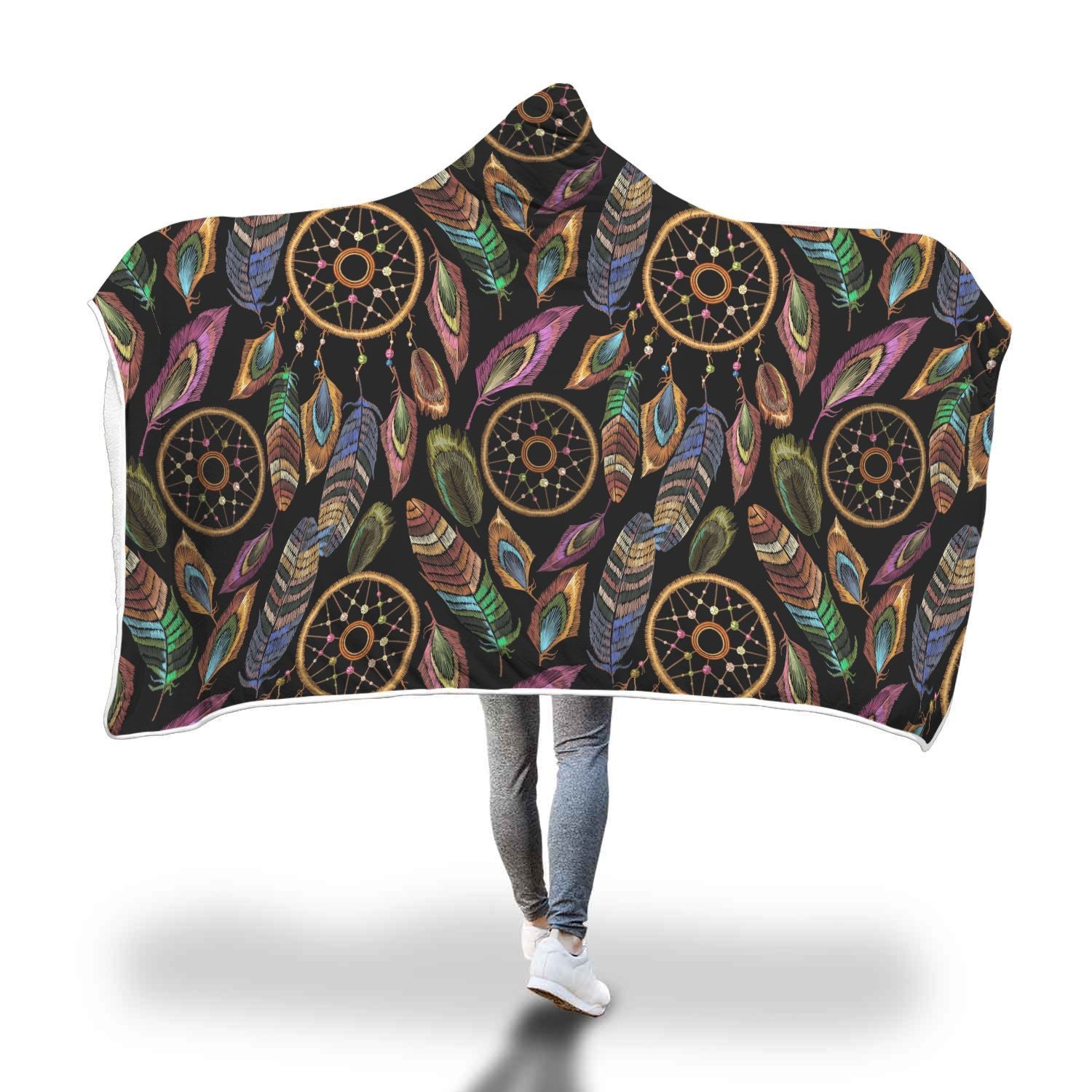 Boho Peacock Dream Catcher Feather Pattern Print Hooded Blanket-grizzshop