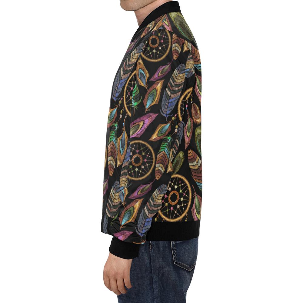 Boho Peacock Dream Catcher Feather Pattern Print Men's Bomber Jacket-grizzshop