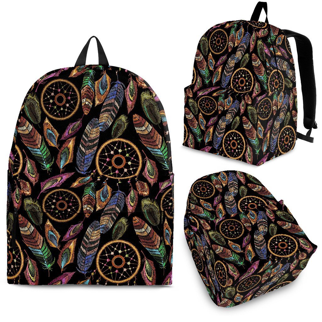 Boho Peacock Dream Catcher Feather Pattern Print Premium Backpack-grizzshop