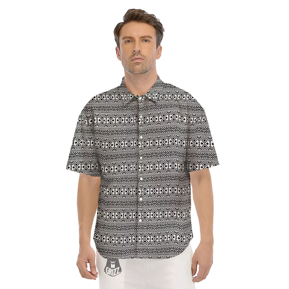 Boho Tribal White And Black Print Men's Short Sleeve Shirts-grizzshop