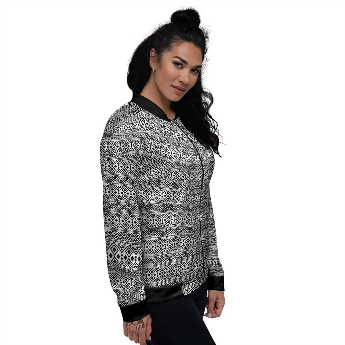 Boho Tribal White And Black Print Women's Bomber Jacket-grizzshop