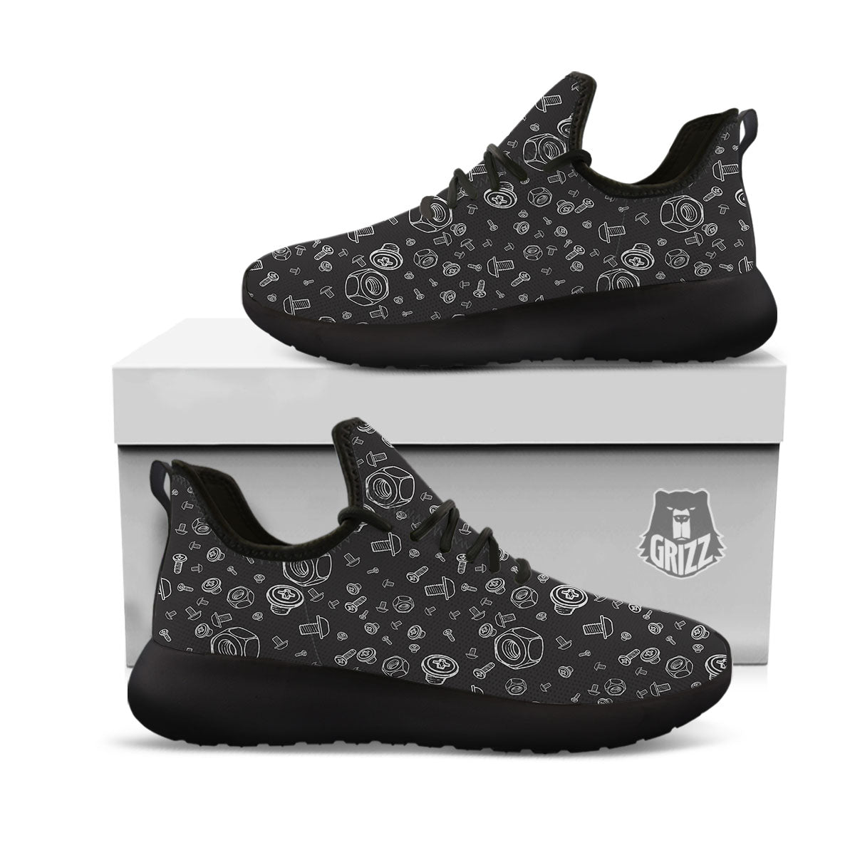 Bolts and Mechanic Nuts Print Pattern Black Athletic Shoes-grizzshop