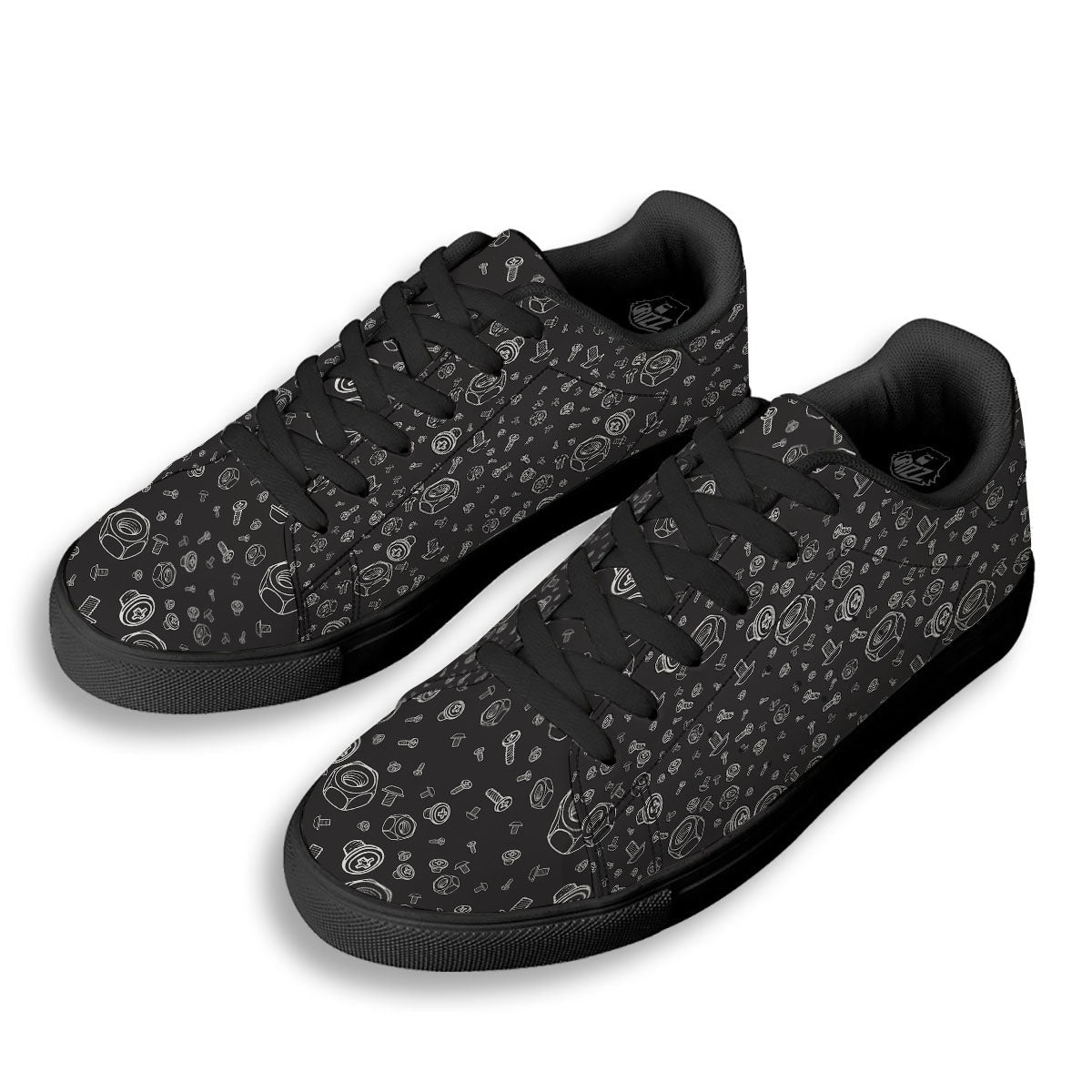 Bolts and Mechanic Nuts Print Pattern Black Low Top Sneakers-grizzshop