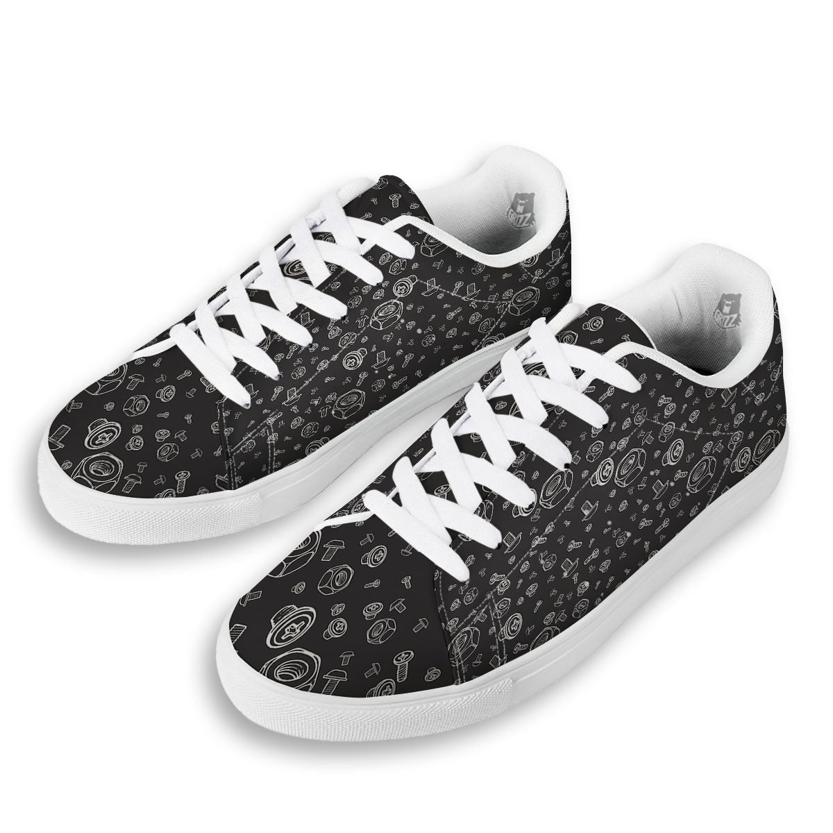 Bolts and Mechanic Nuts Print Pattern White Low Top Sneakers-grizzshop