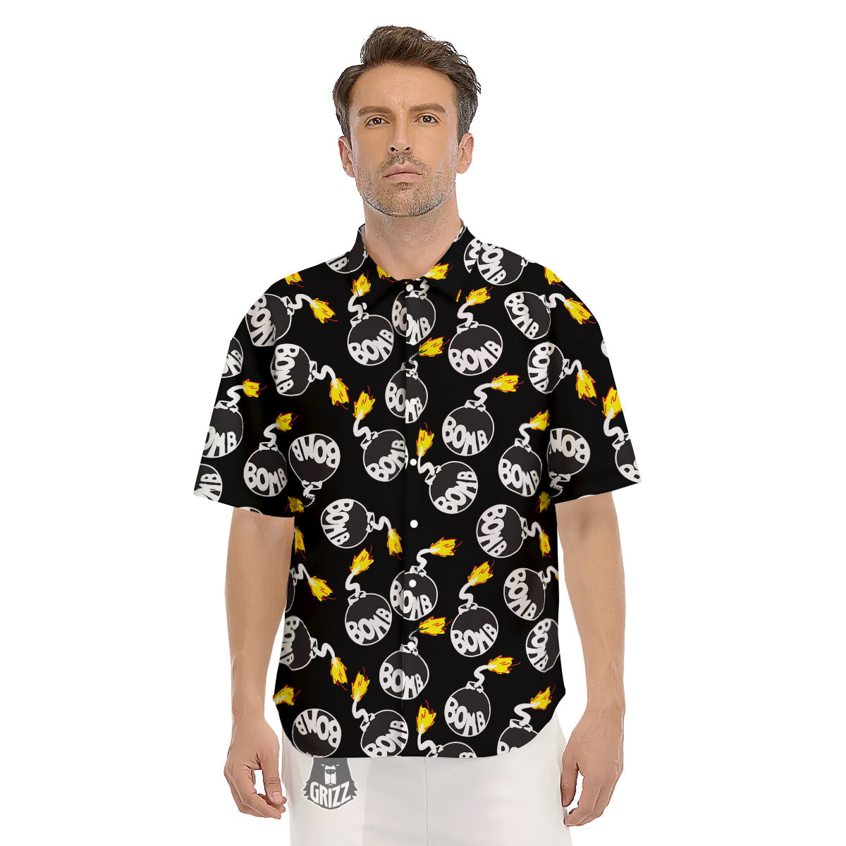 Bomb And Fire Print Pattern Men's Short Sleeve Shirts-grizzshop