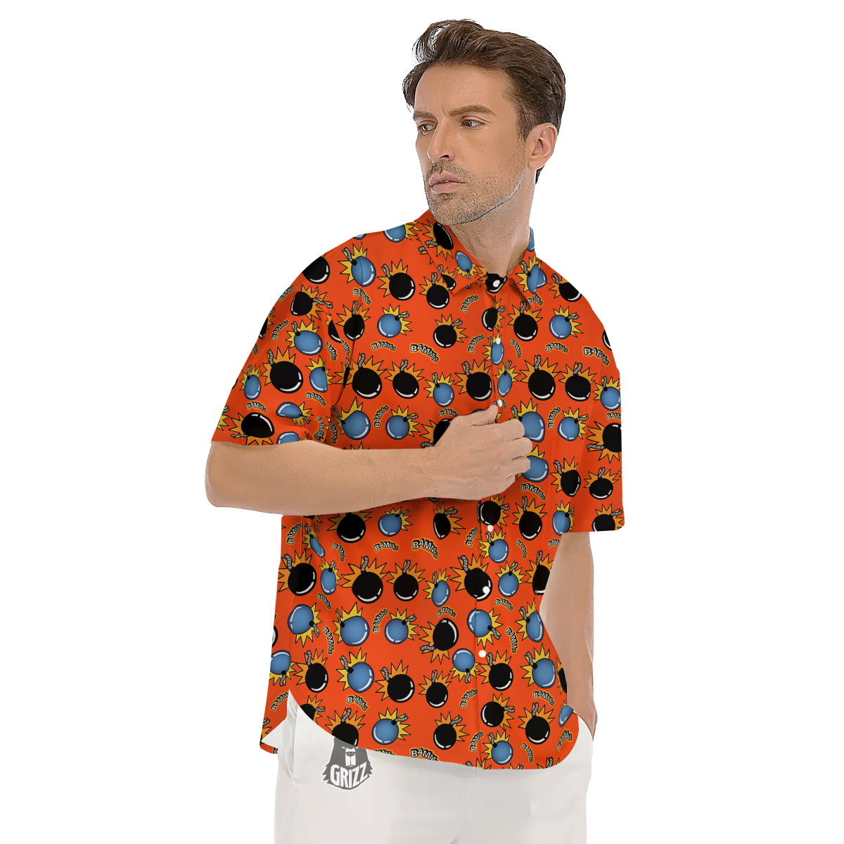 Bomb Bamm Print Pattern Men's Short Sleeve Shirts-grizzshop