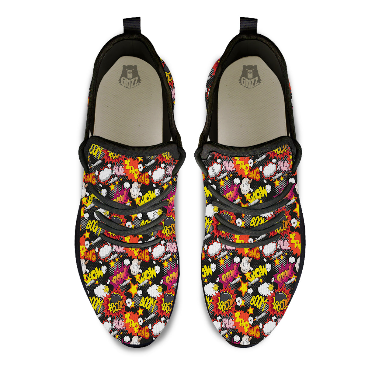 Bomb Boom Comic Graffiti Print Pattern Black Athletic Shoes-grizzshop