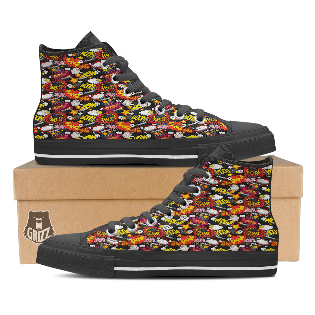 Bomb Boom Comic Graffiti Print Pattern Black High Top Shoes-grizzshop