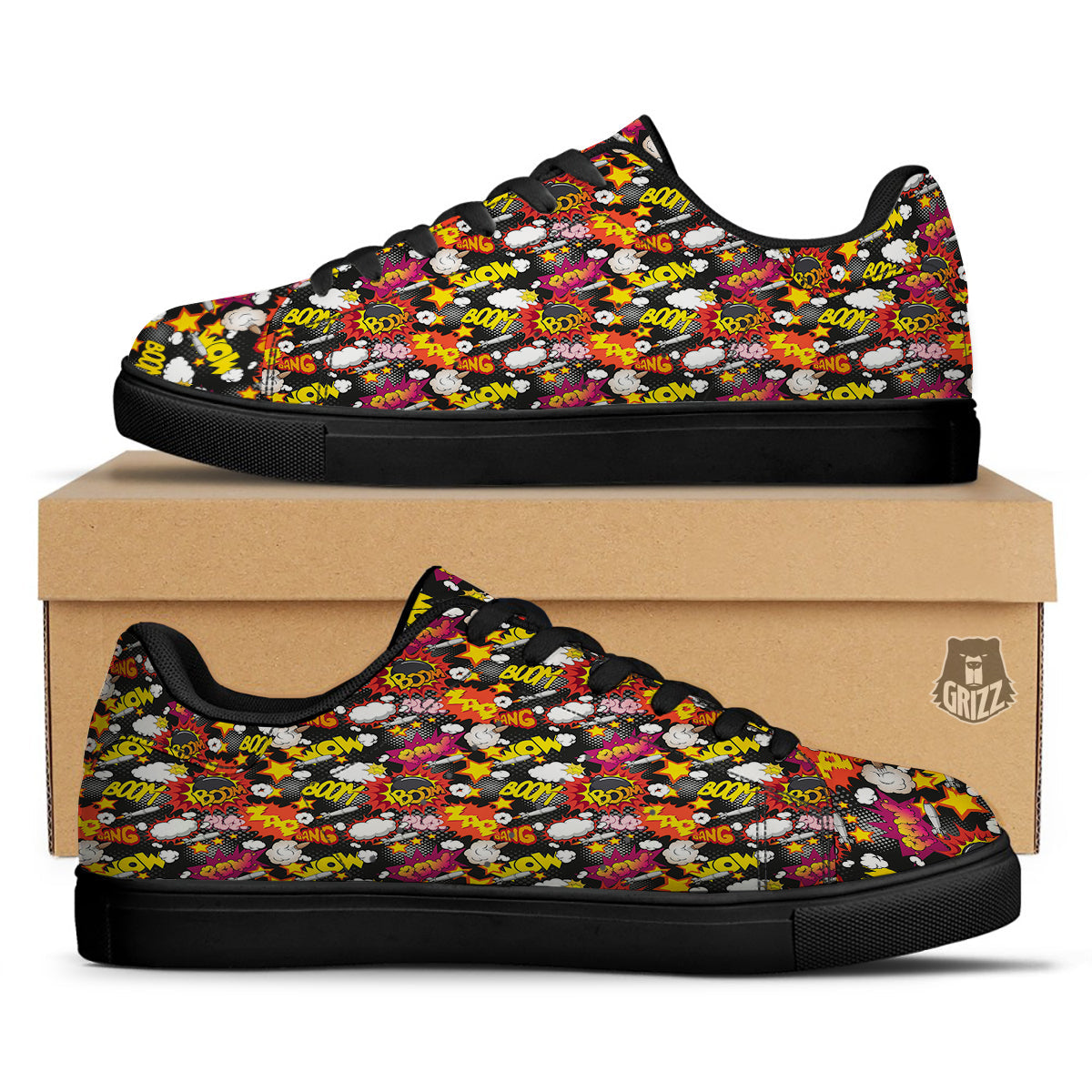 Bomb Boom Comic Graffiti Print Pattern Black Low Top Sneakers-grizzshop