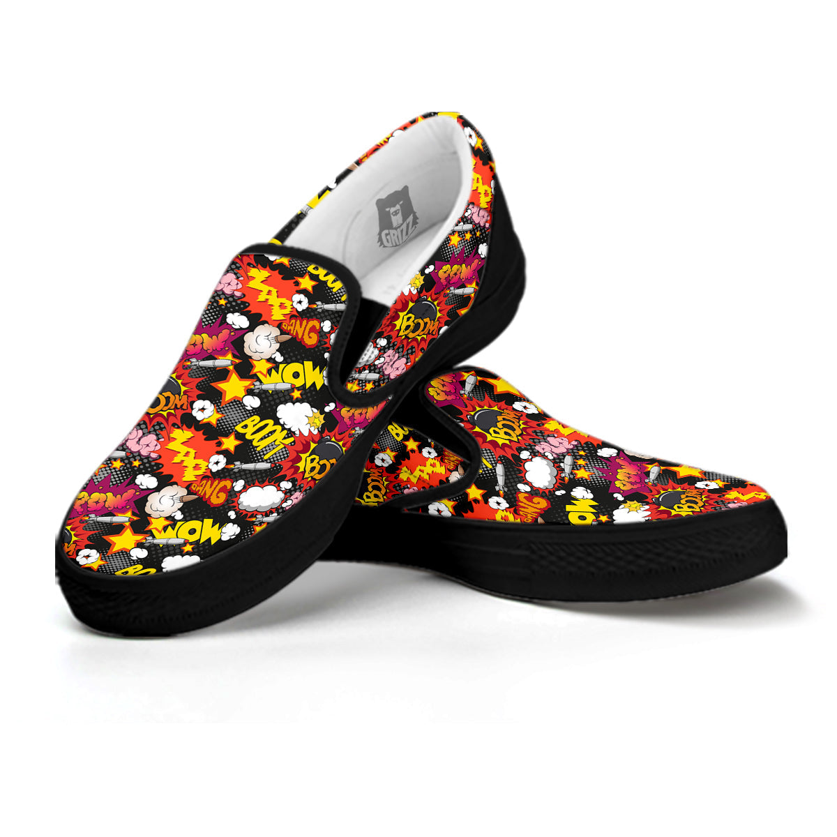 Bomb Boom Comic Graffiti Print Pattern Black Slip On Shoes-grizzshop