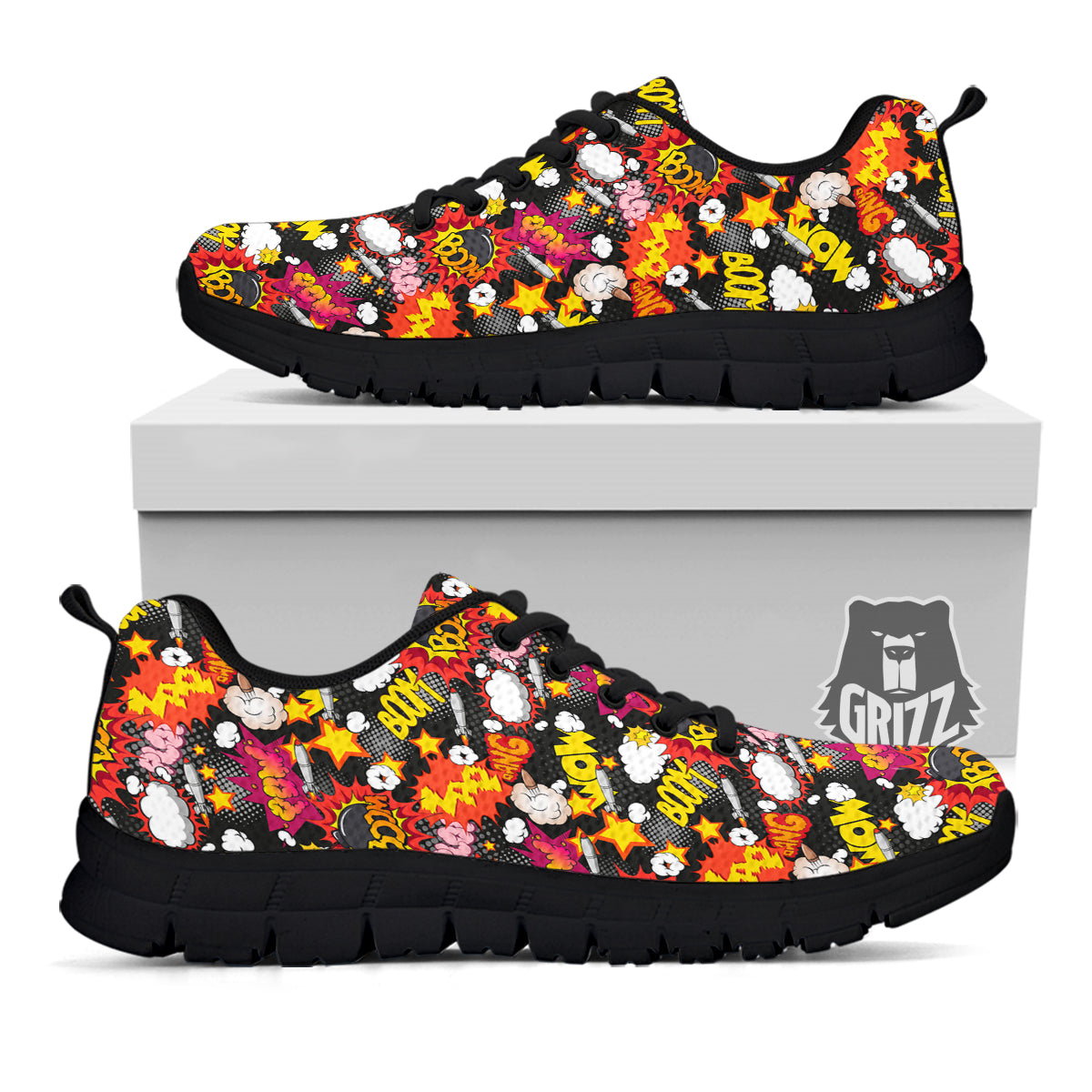 Bomb Boom Comic Graffiti Print Pattern Black Sneaker-grizzshop