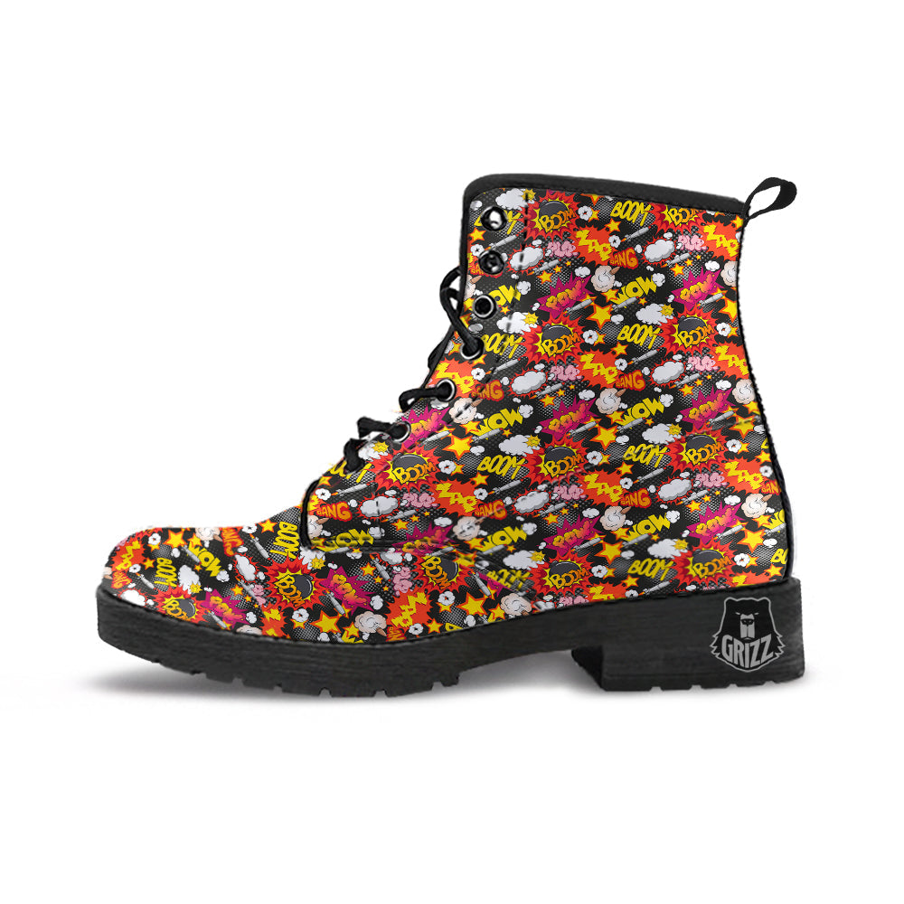 Bomb Boom Comic Graffiti Print Pattern Leather Boots-grizzshop