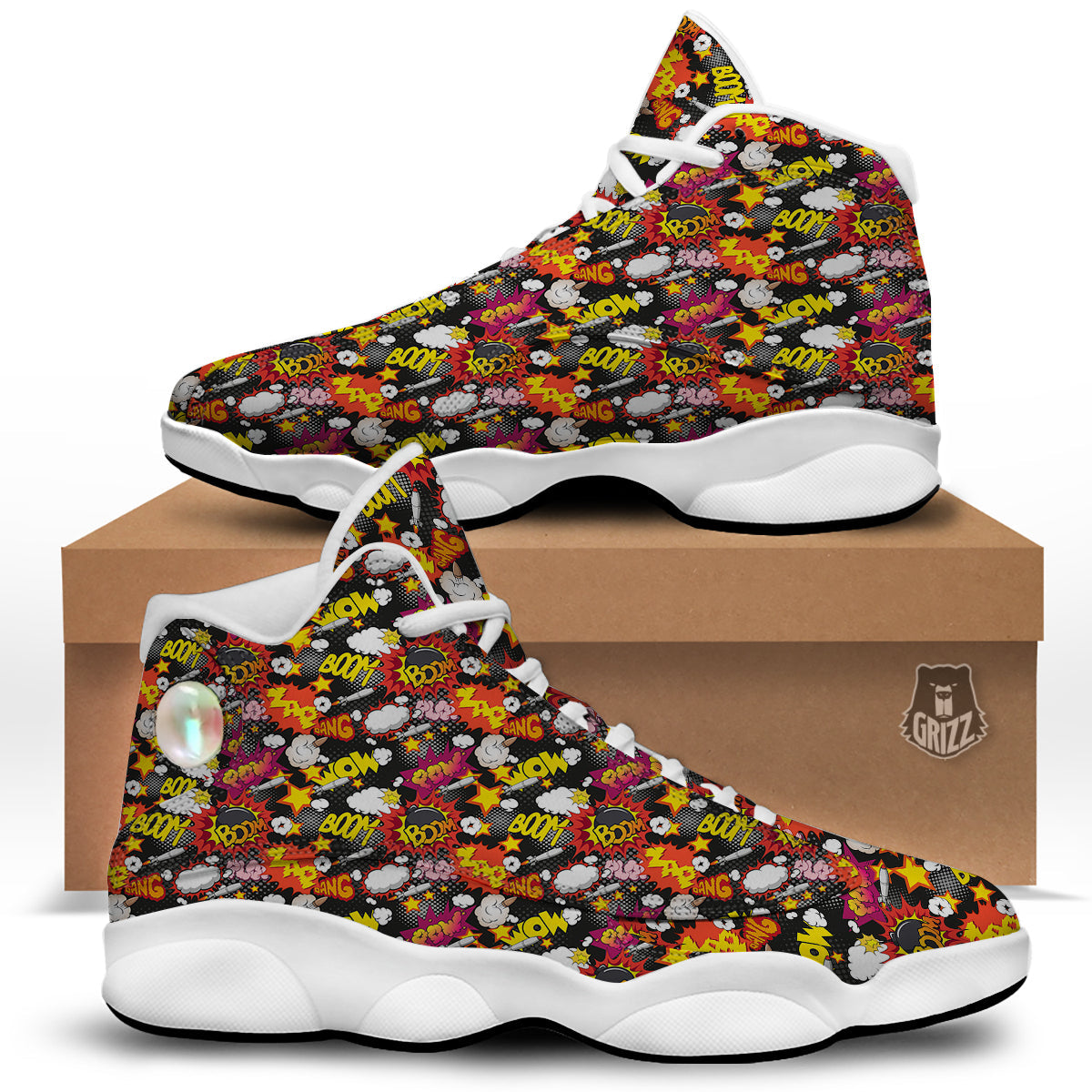 Bomb Boom Comic Graffiti Print Pattern White Basketball Shoes-grizzshop