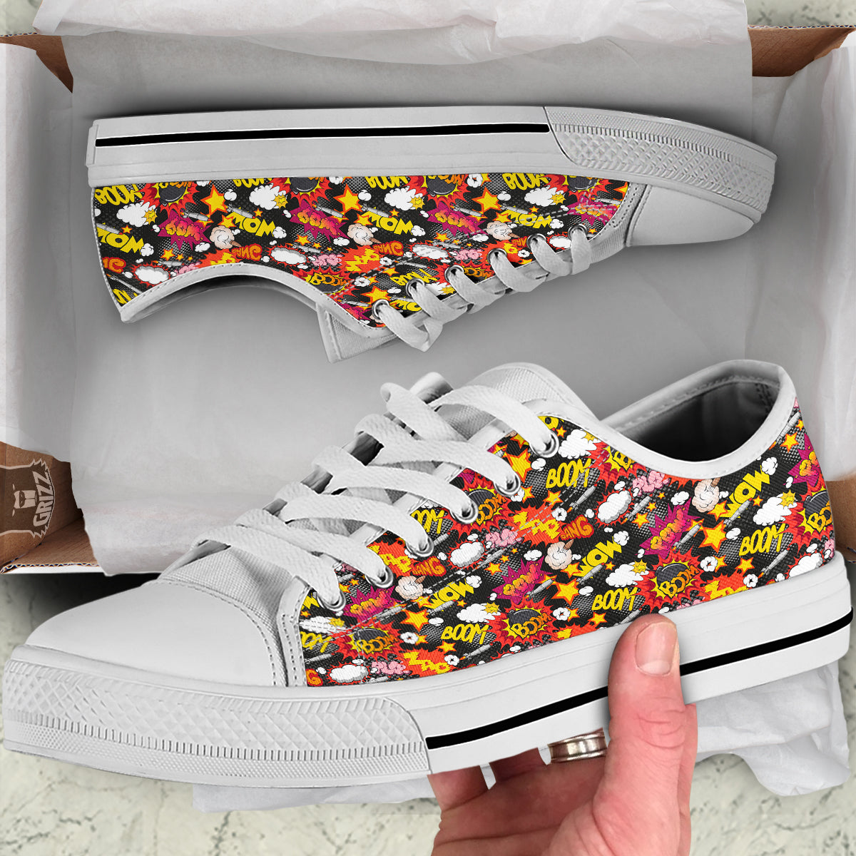 Bomb Boom Comic Graffiti Print Pattern White Low Top Shoes-grizzshop