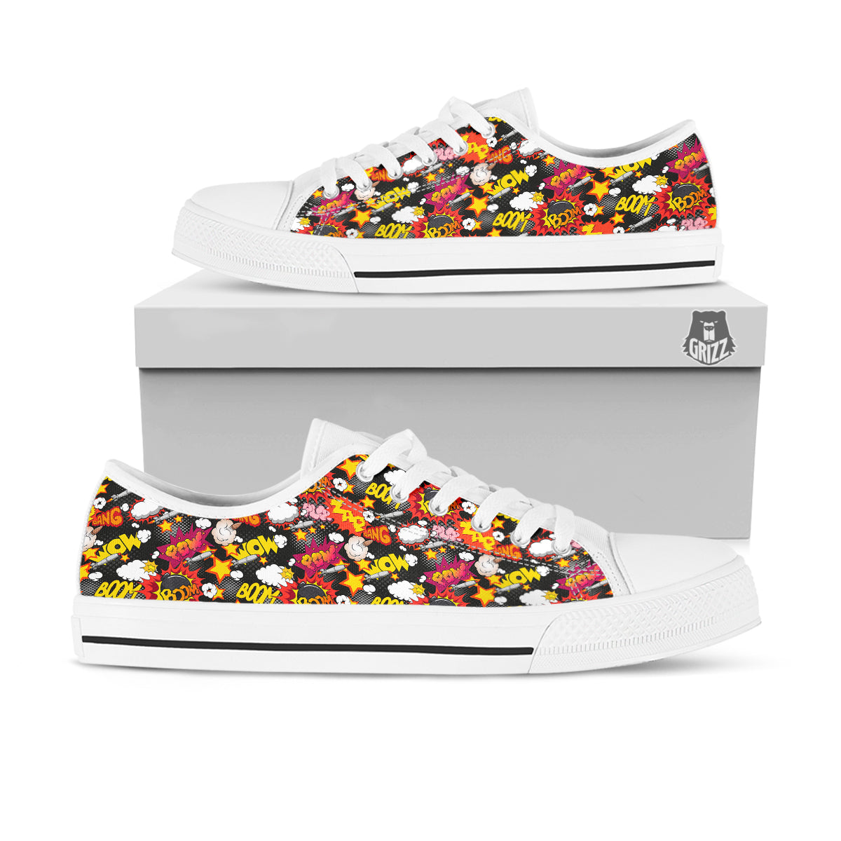 Bomb Boom Comic Graffiti Print Pattern White Low Top Shoes-grizzshop