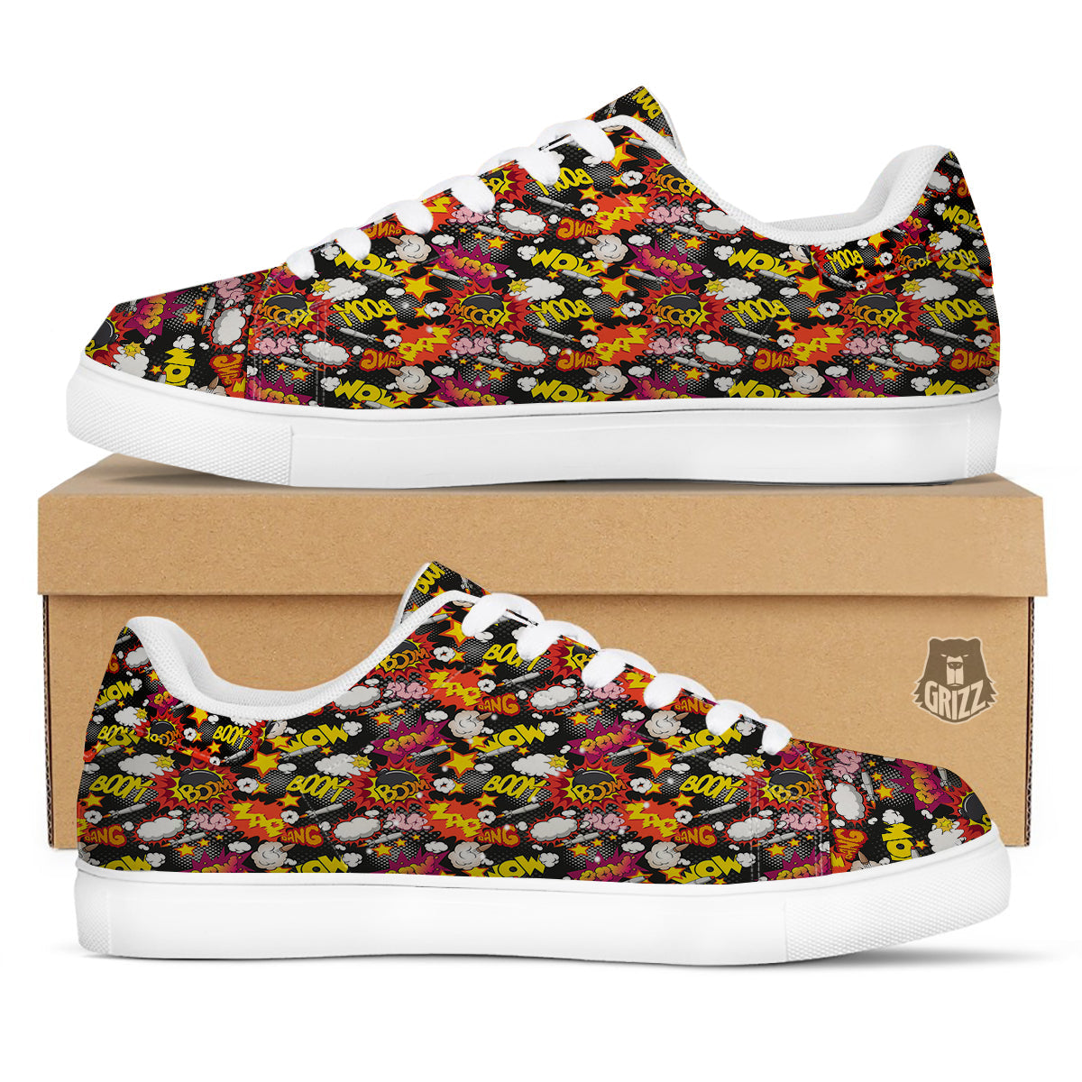 Bomb Boom Comic Graffiti Print Pattern White Low Top Sneakers-grizzshop