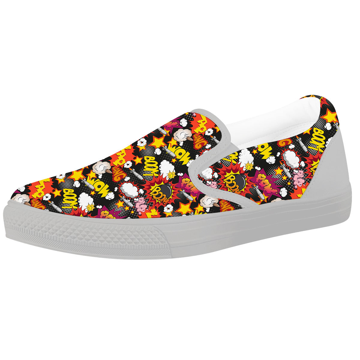 Bomb Boom Comic Graffiti Print Pattern White Slip On Shoes-grizzshop