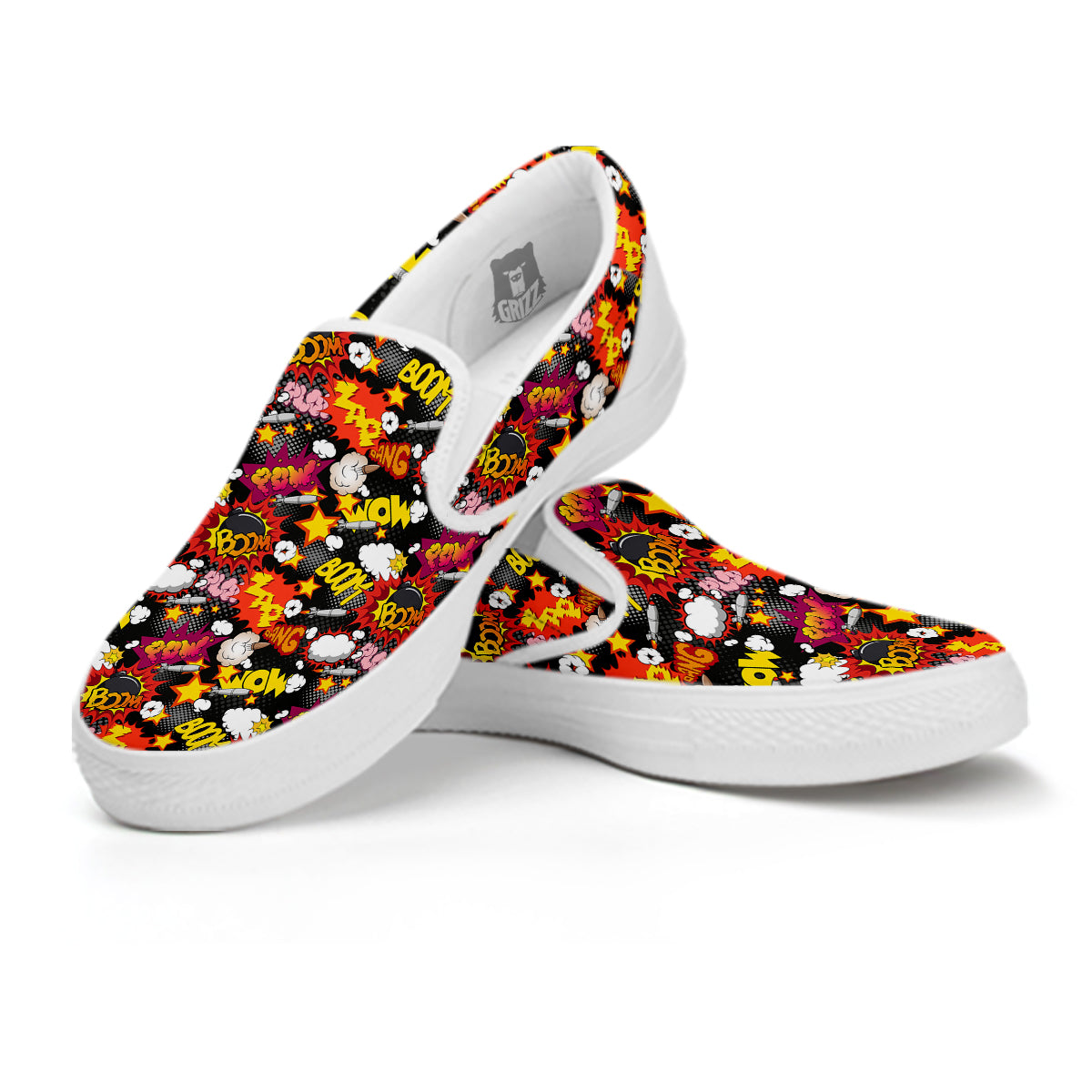 Bomb Boom Comic Graffiti Print Pattern White Slip On Shoes-grizzshop