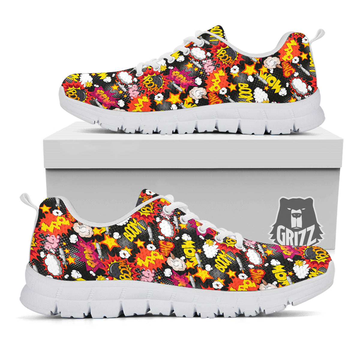 Bomb Boom Comic Graffiti Print Pattern White Sneaker-grizzshop