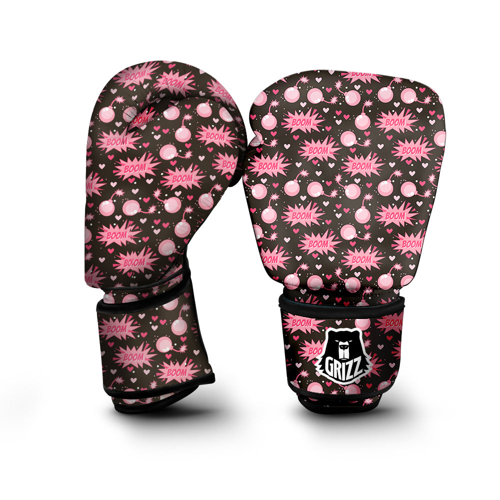 Bomb Boom Pink And Heart Print Pattern Boxing Gloves-grizzshop