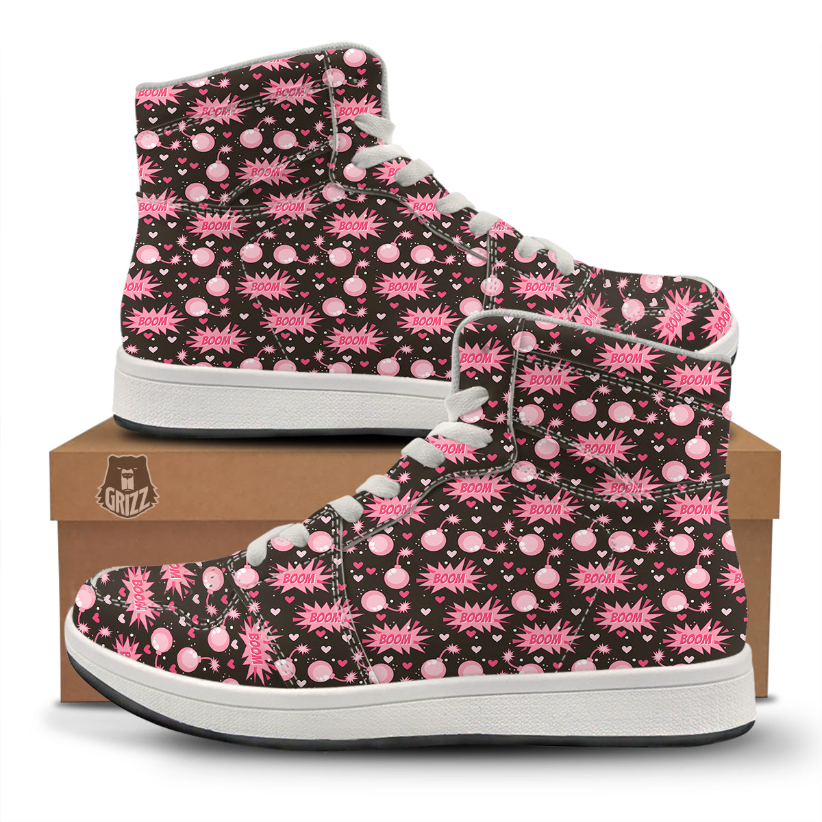 Bomb Boom Pink And Heart Print Pattern High Top Sneakers-grizzshop