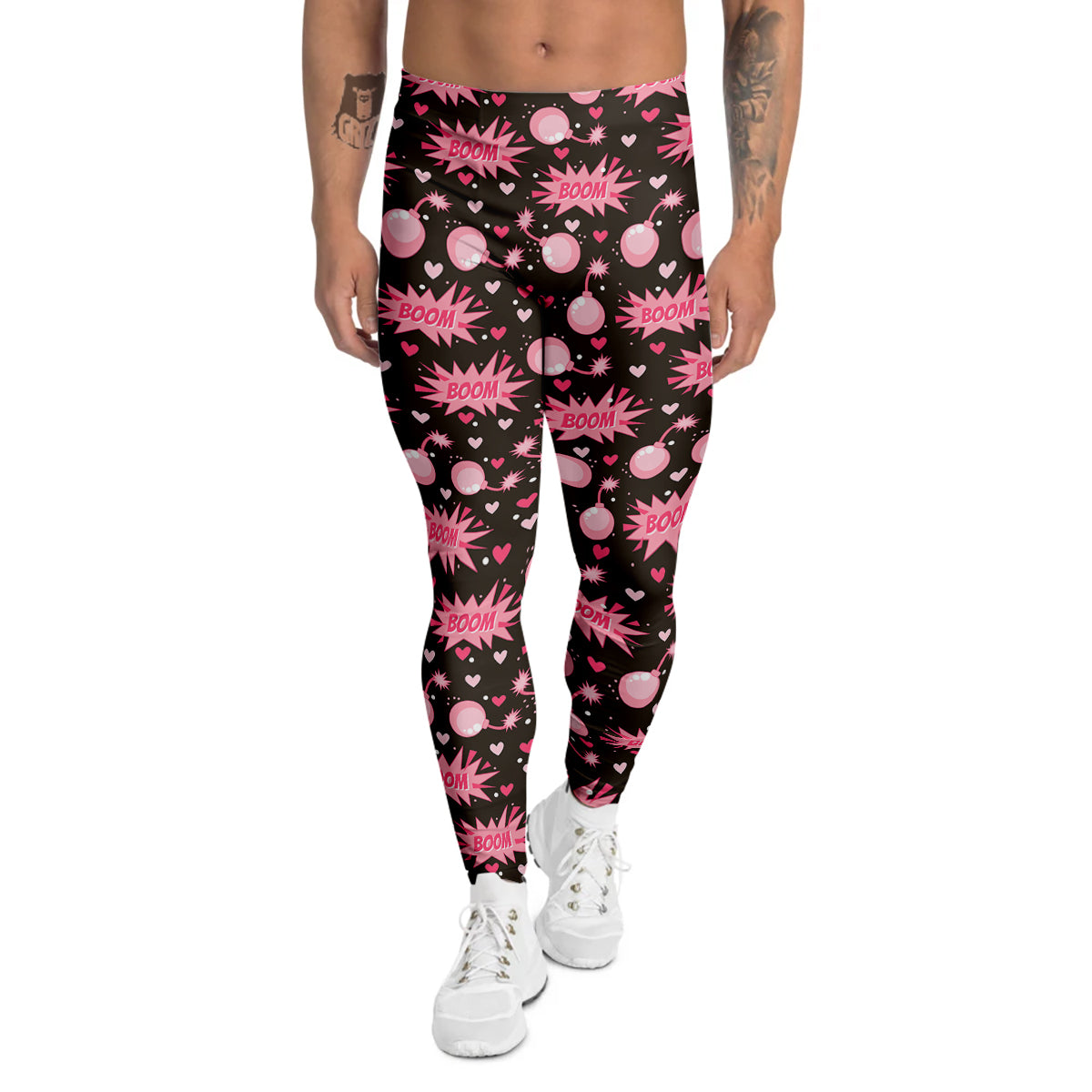 Bomb Boom Pink And Heart Print Pattern Men's Leggings-grizzshop