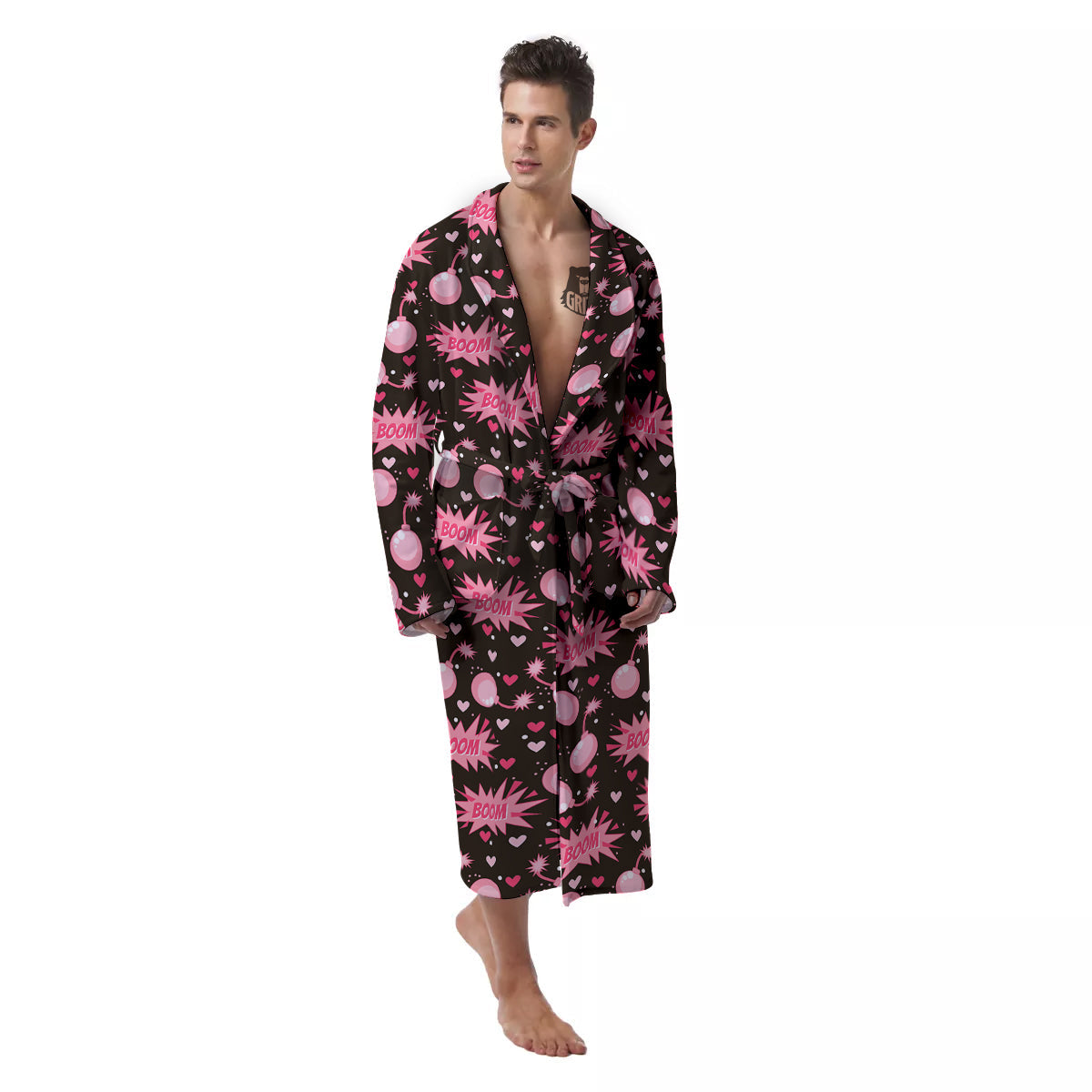 Bomb Boom Pink And Heart Print Pattern Men's Robe-grizzshop