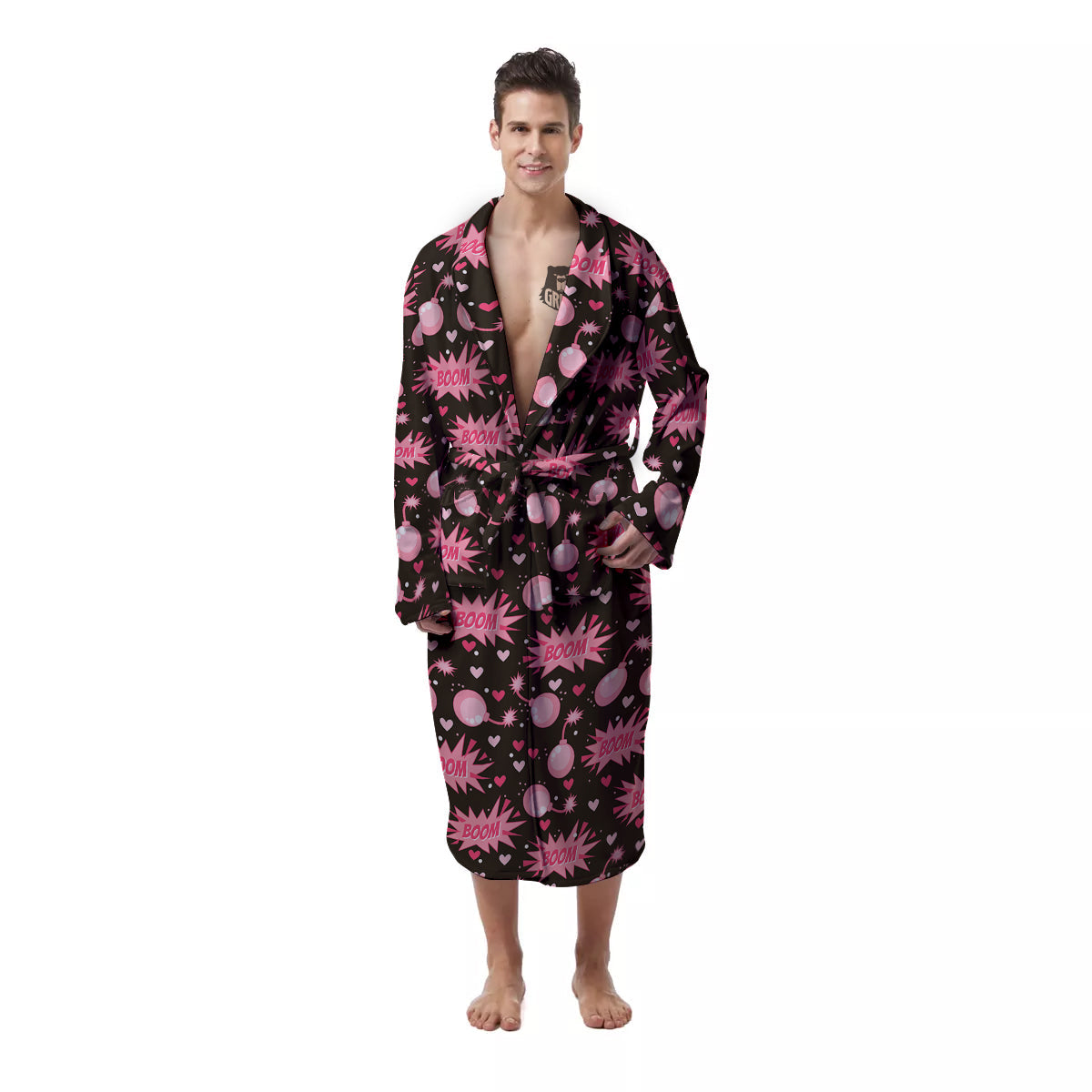 Bomb Boom Pink And Heart Print Pattern Men's Robe-grizzshop