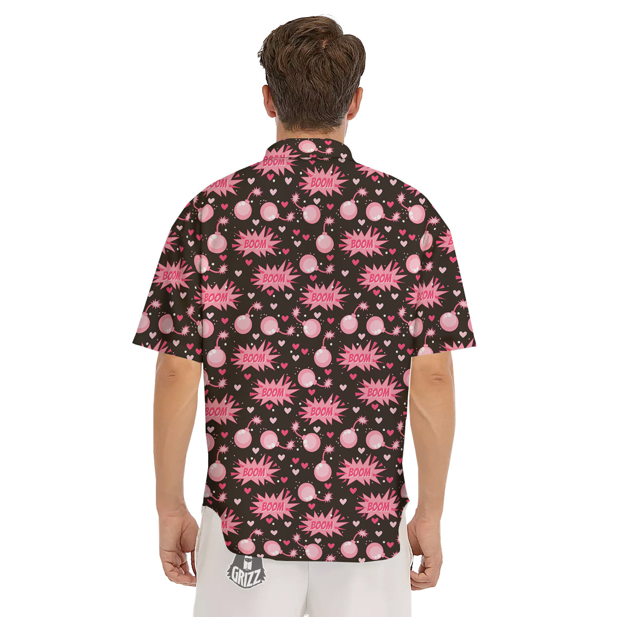 Bomb Boom Pink And Heart Print Pattern Men's Short Sleeve Shirts-grizzshop