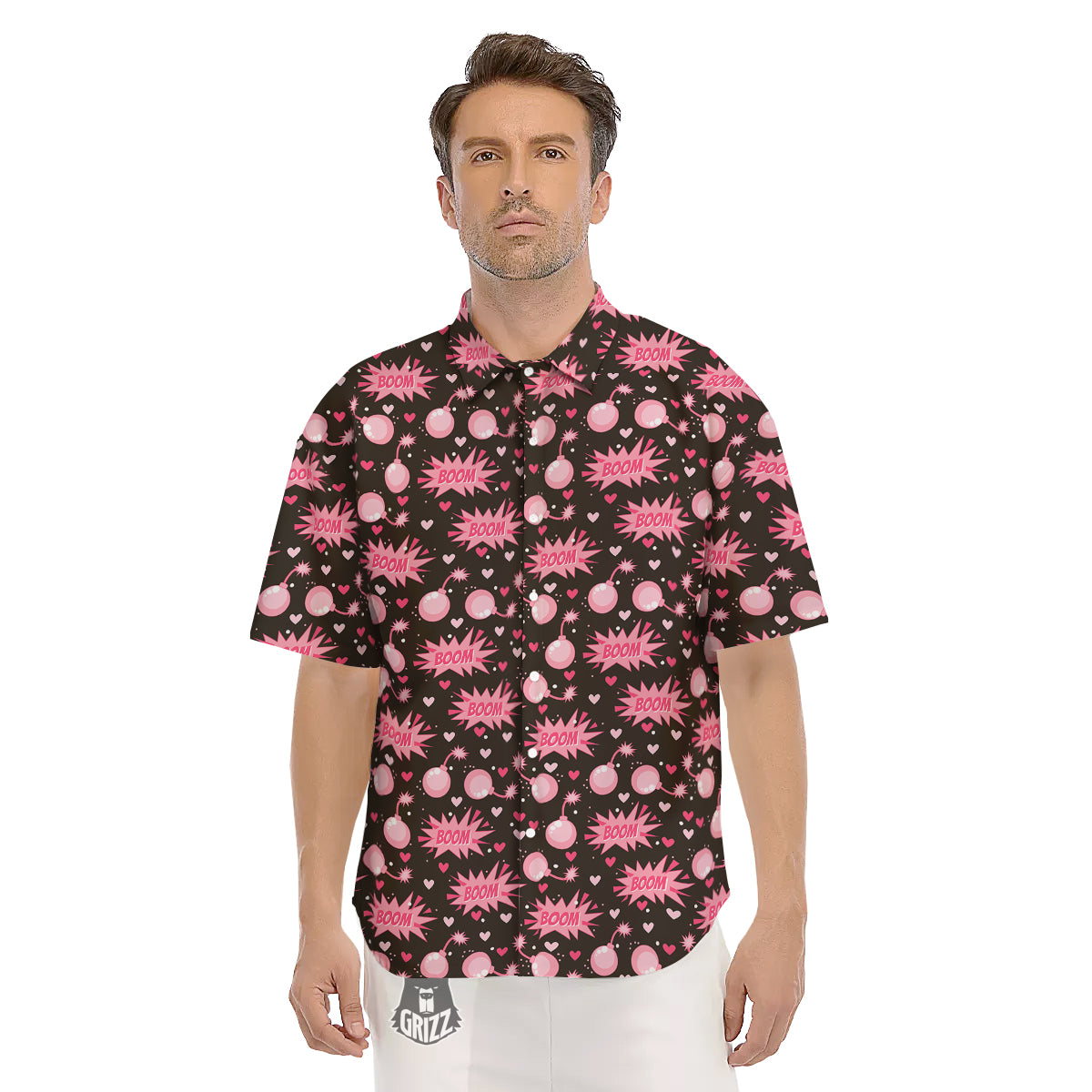 Bomb Boom Pink And Heart Print Pattern Men's Short Sleeve Shirts-grizzshop