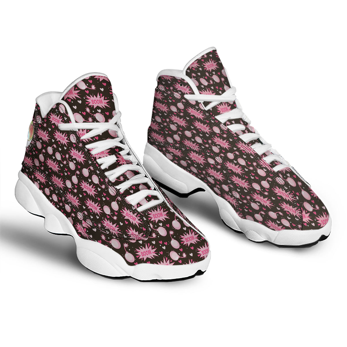 Bomb Boom Pink And Heart Print Pattern White Basketball Shoes-grizzshop