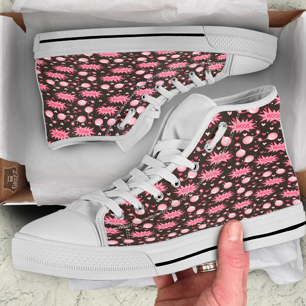 Bomb Boom Pink And Heart Print Pattern White High Top Shoes-grizzshop