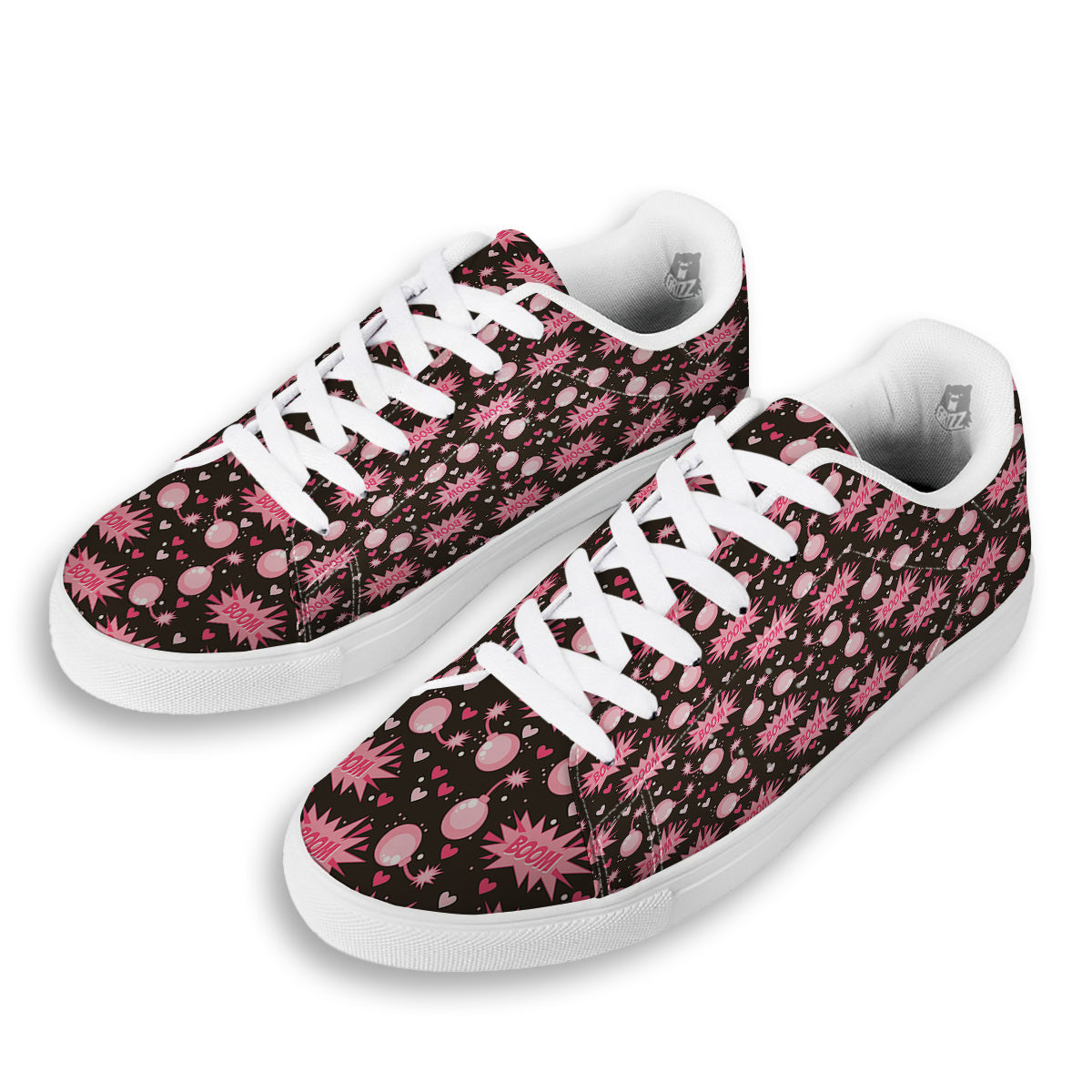 Bomb Boom Pink And Heart Print Pattern White Low Top Sneakers-grizzshop