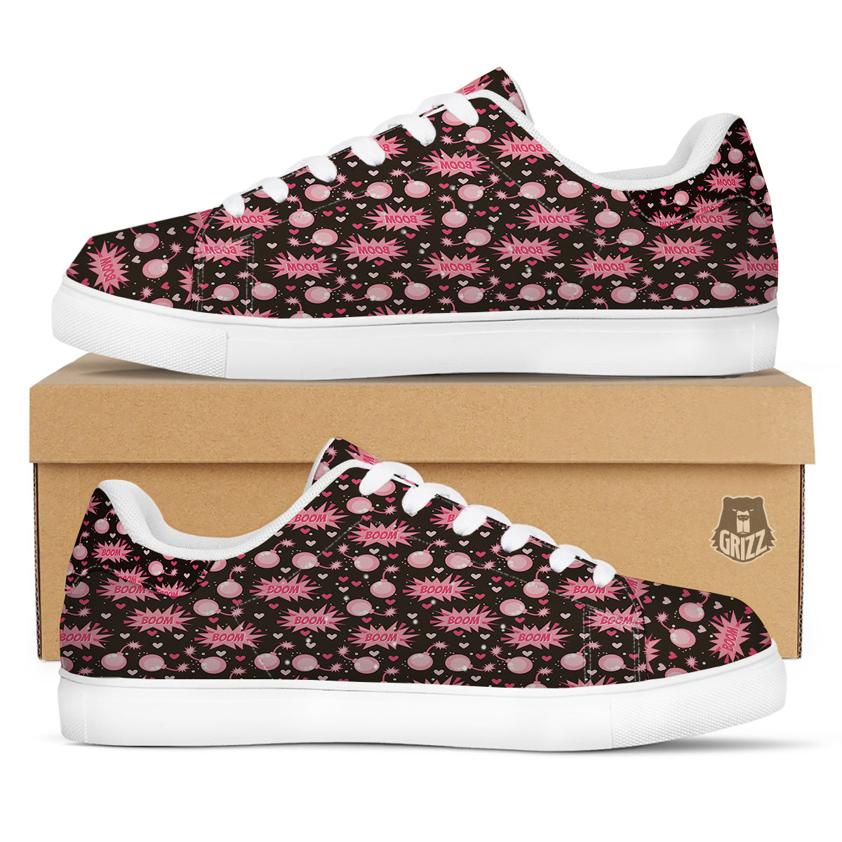 Bomb Boom Pink And Heart Print Pattern White Low Top Sneakers-grizzshop
