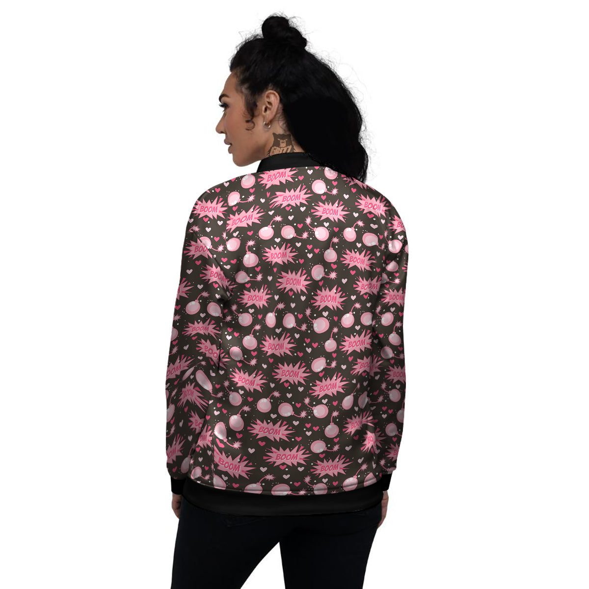 Bomb Boom Pink And Heart Print Pattern Women's Bomber Jacket-grizzshop