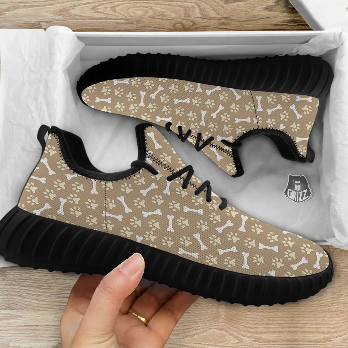 Bone And Beige Paw Print Pattern Black Walking Shoes-grizzshop