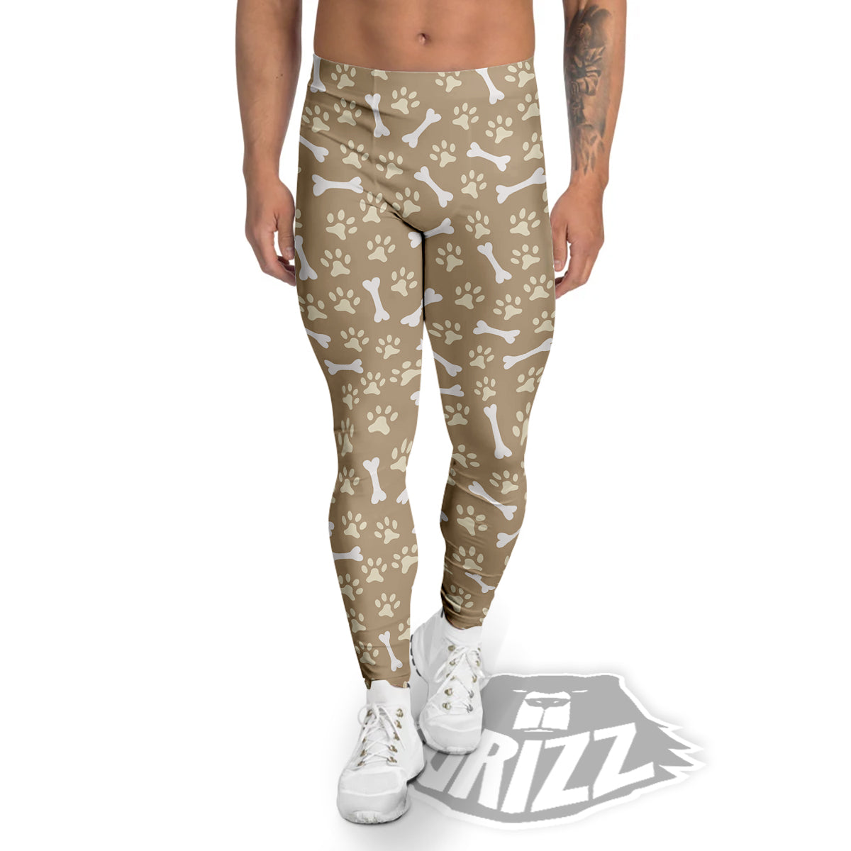Bone And Beige Paw Print Pattern Men's Leggings-grizzshop