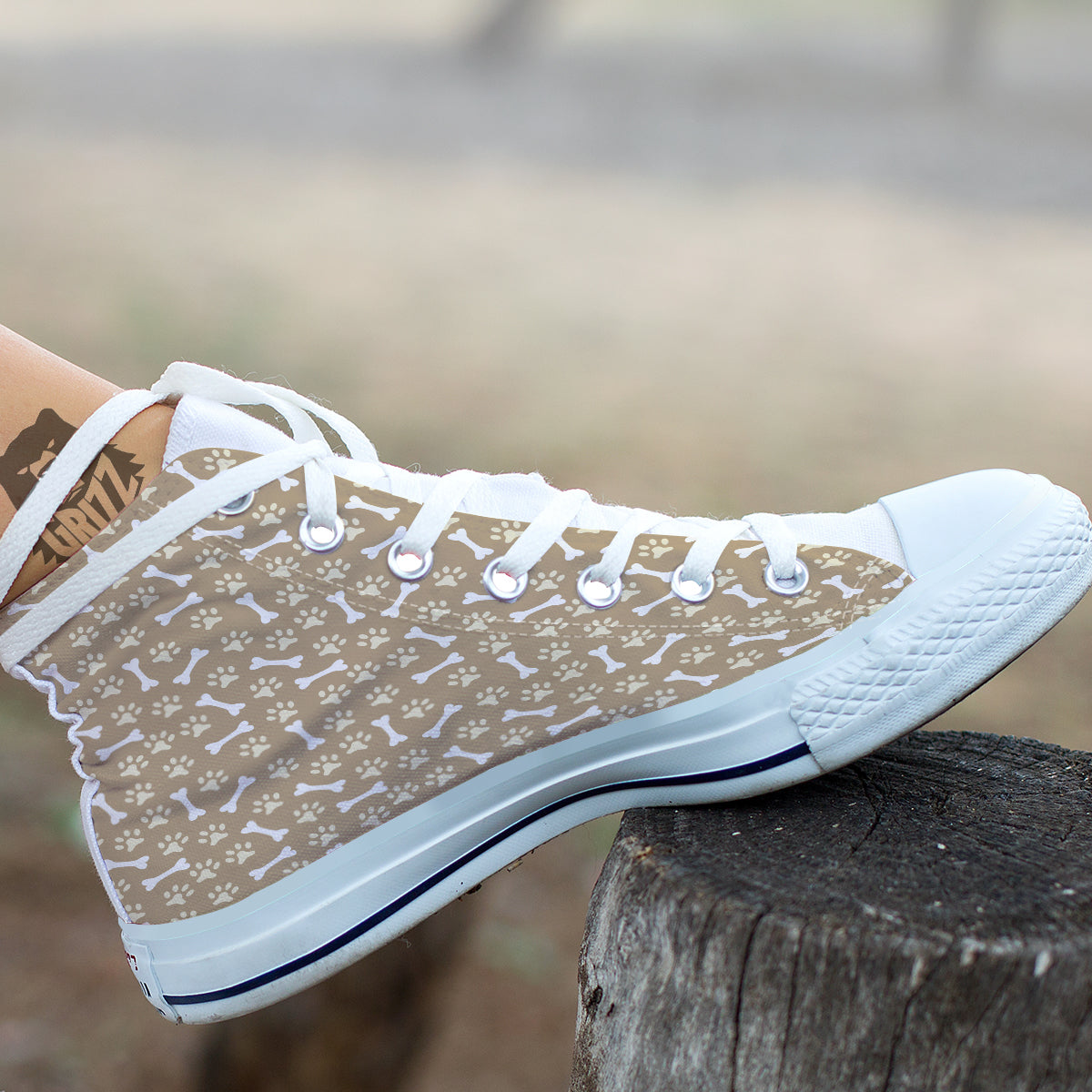 Bone And Beige Paw Print Pattern White High Top Shoes-grizzshop
