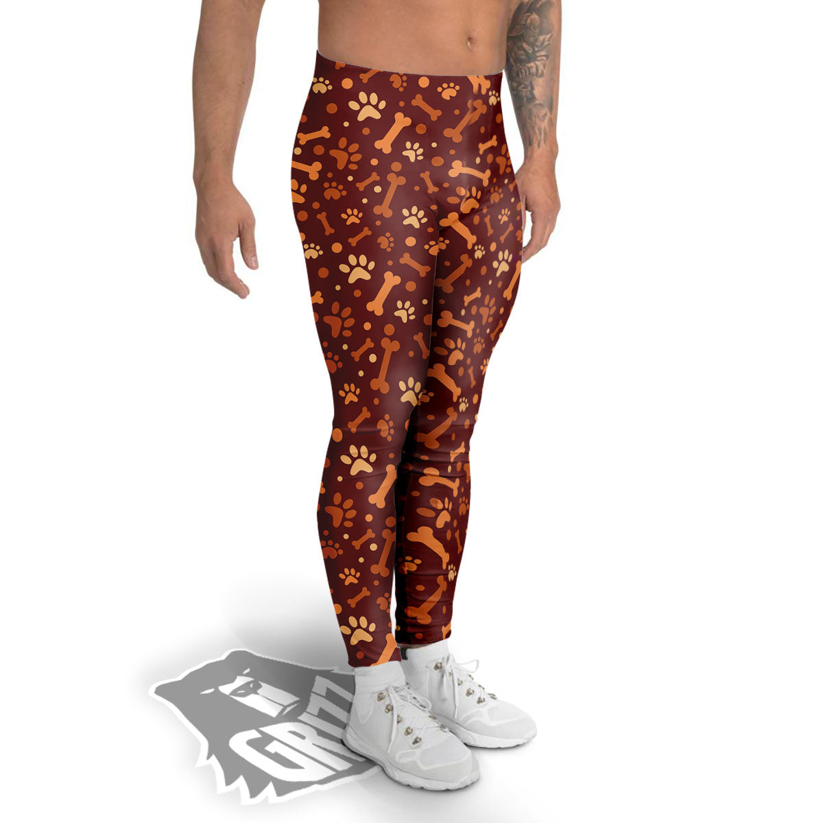 Bone And Brown Paw Print Pattern Men's Leggings-grizzshop