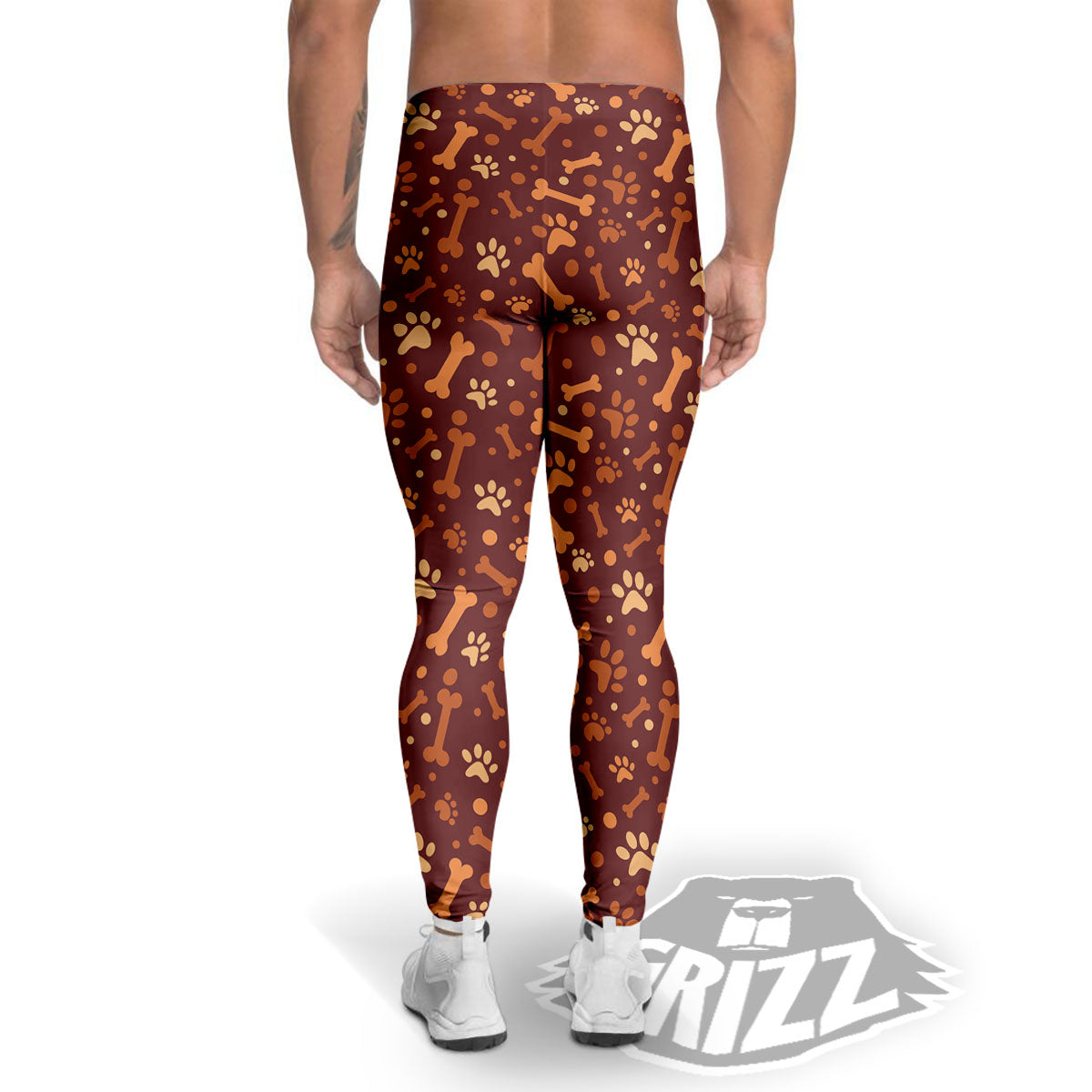 Bone And Brown Paw Print Pattern Men's Leggings-grizzshop