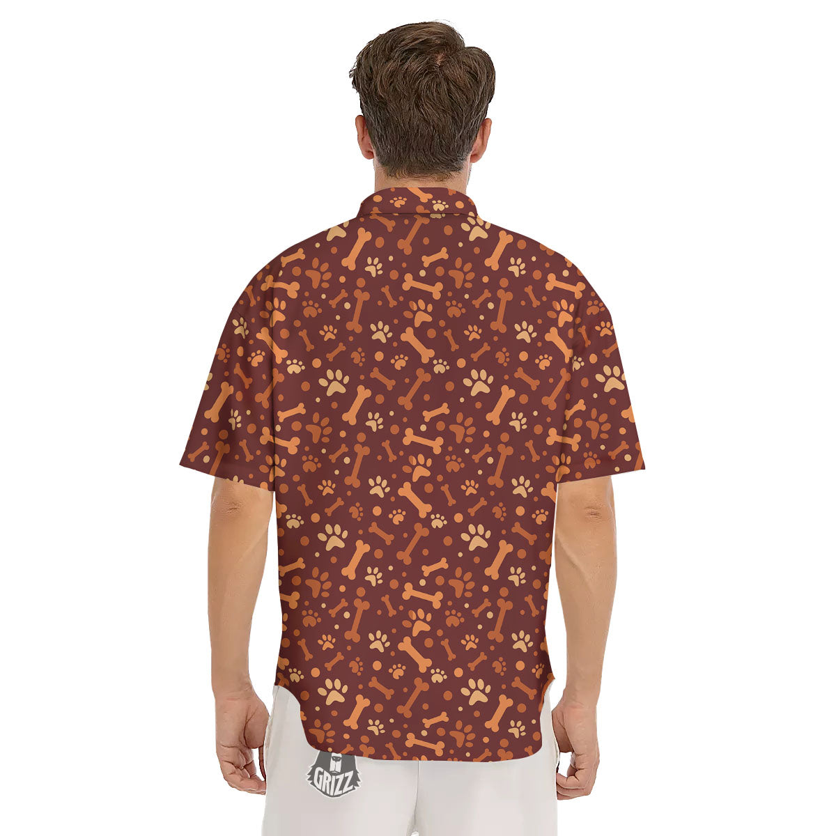 Bone And Brown Paw Print Pattern Men's Short Sleeve Shirts-grizzshop