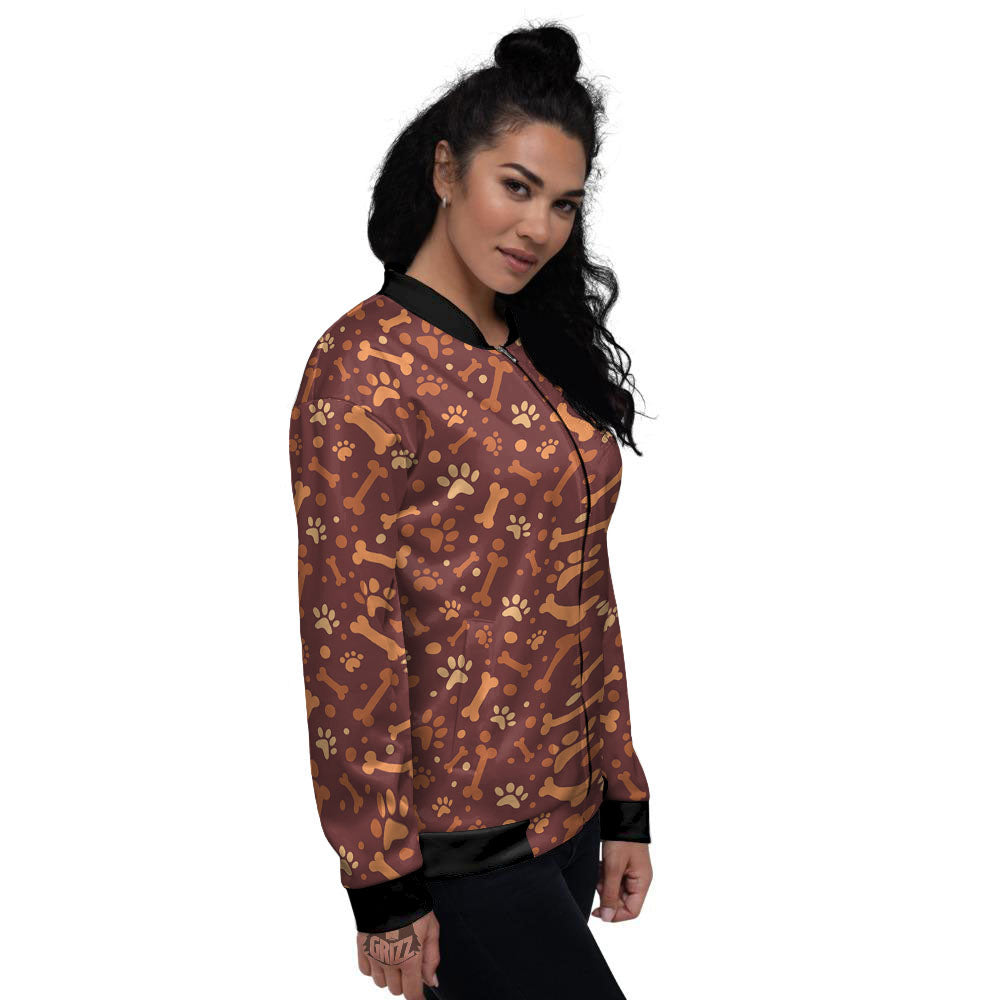 Bone And Brown Paw Print Pattern Women's Bomber Jacket-grizzshop